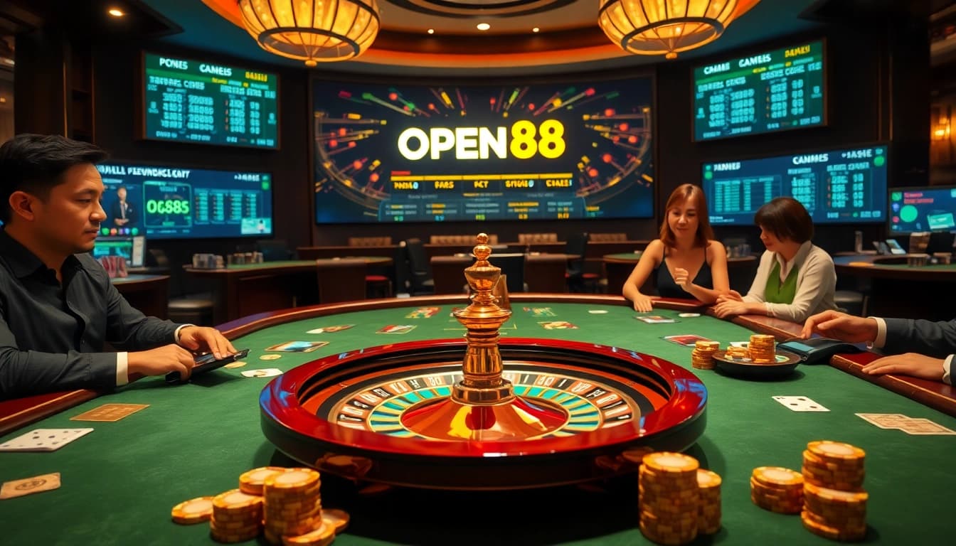 Experience the excitement of OPEN88 casino with vibrant gameplay, poker chips, and roulette.