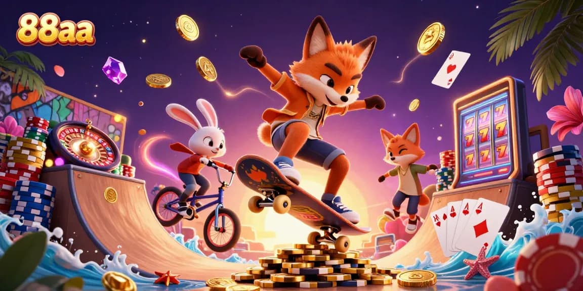 88aa thrills with a 3D skateboarder fox and BMX-riding rabbit among sparkling casino elements.