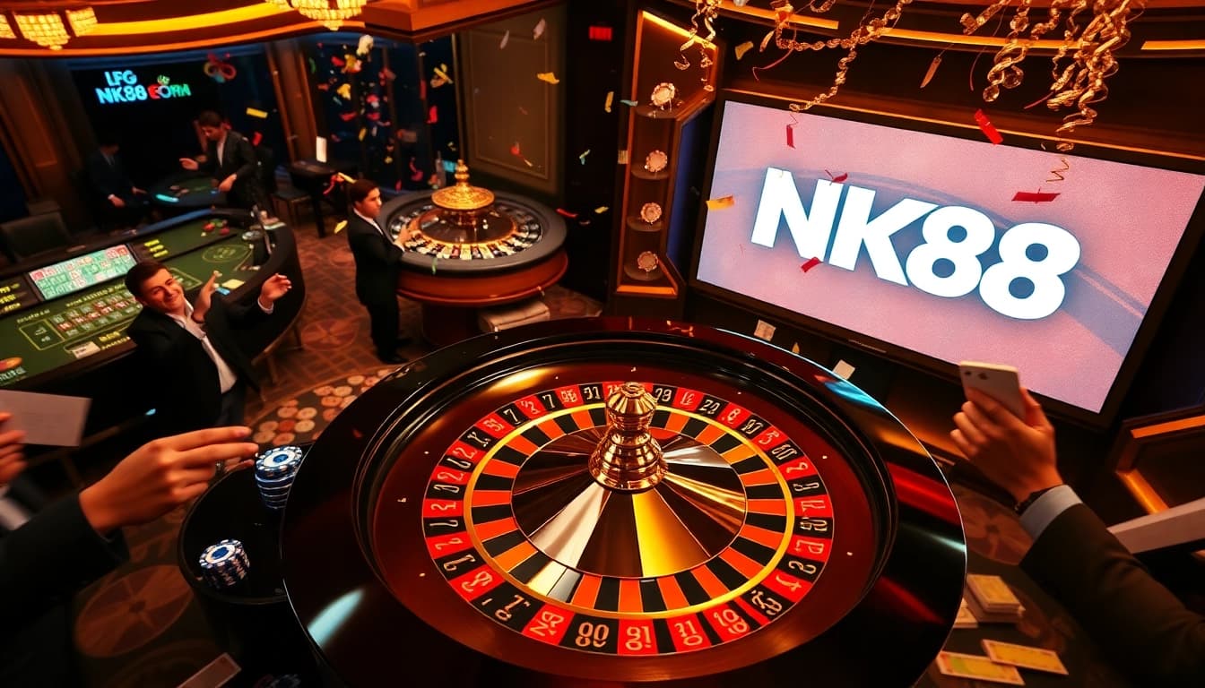 Players engaging with NK88 casino games, showcasing chips, cards, and excitement.