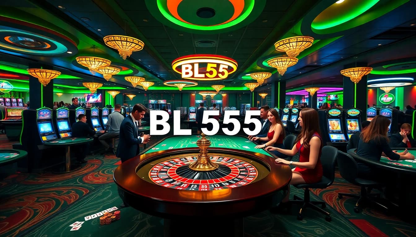 Engaging scene of players at BL555 online casino, showcasing vibrant roulette and poker tables.