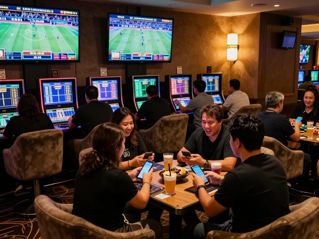 Sports bettors analyzing odds at TR88 casino, vibrant lounge atmosphere.