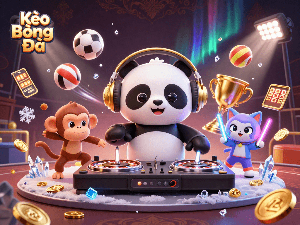 Kèo Bóng Đá offers thrilling bets with sports balls in a lively casino scene featuring dynamic characters.