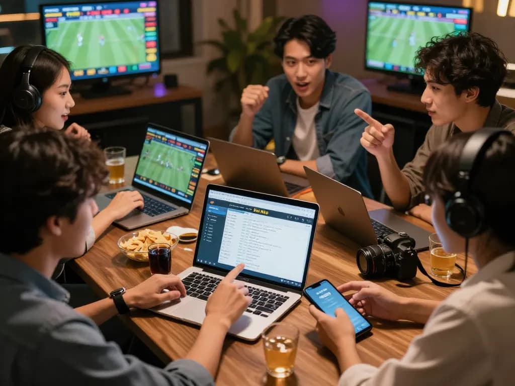 Soi Kèo analysis among friends during sports betting session, capturing excitement and strategy insights.