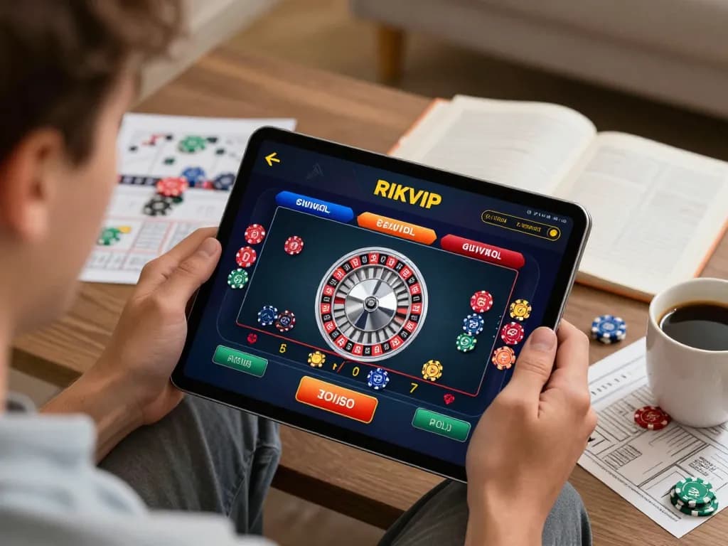 Player enjoying RIKVIP's online casino app with live roulette game displayed on tablet, warm home setting.