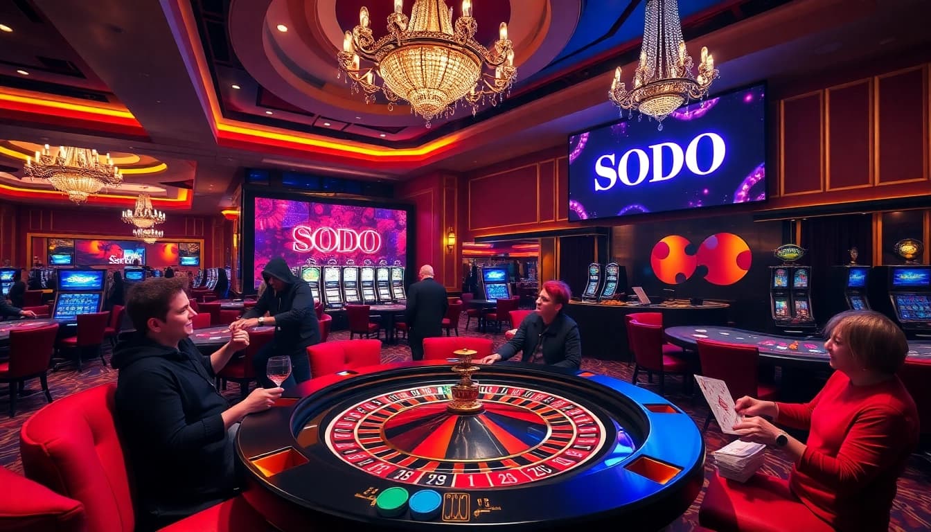 SODO casino scene showcasing enthusiastic players at a roulette table with vibrant decor and luxury elements.