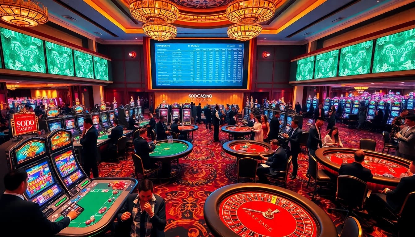 SODO CASINO players celebrating wins at vibrant casino tables with luxurious decor.