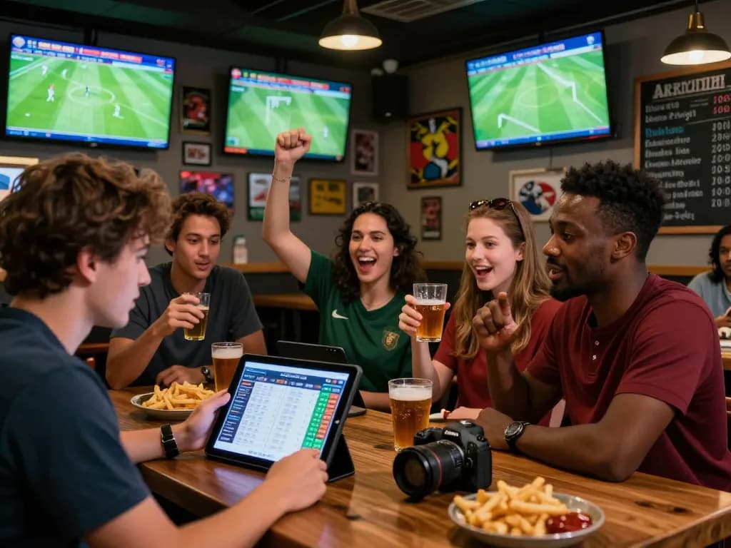 Exciting sports enthusiasts analyzing kèo nhà cái in a vibrant bar during live matches.