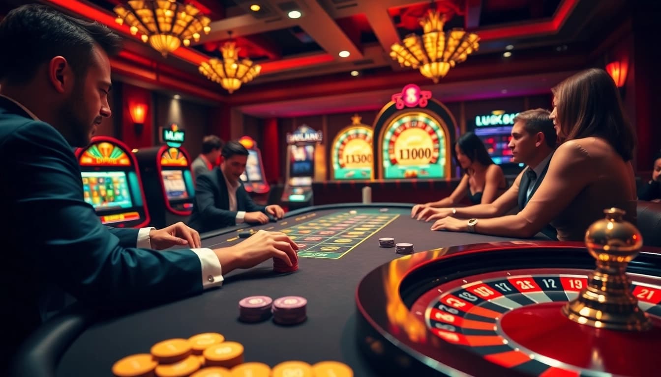 Luck8 casino scene depicting players enjoying high-stakes poker games with vibrant chips and a spinning roulette wheel.