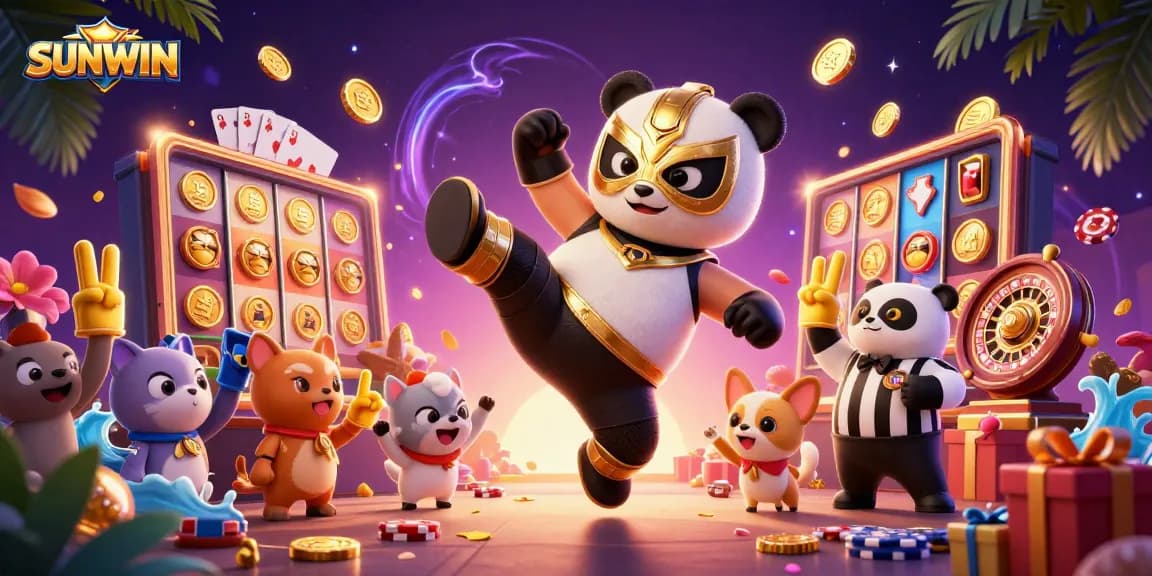 SUNWIN online casino illustration with a colorful slot game, flying panda, and cheering animal crowd.