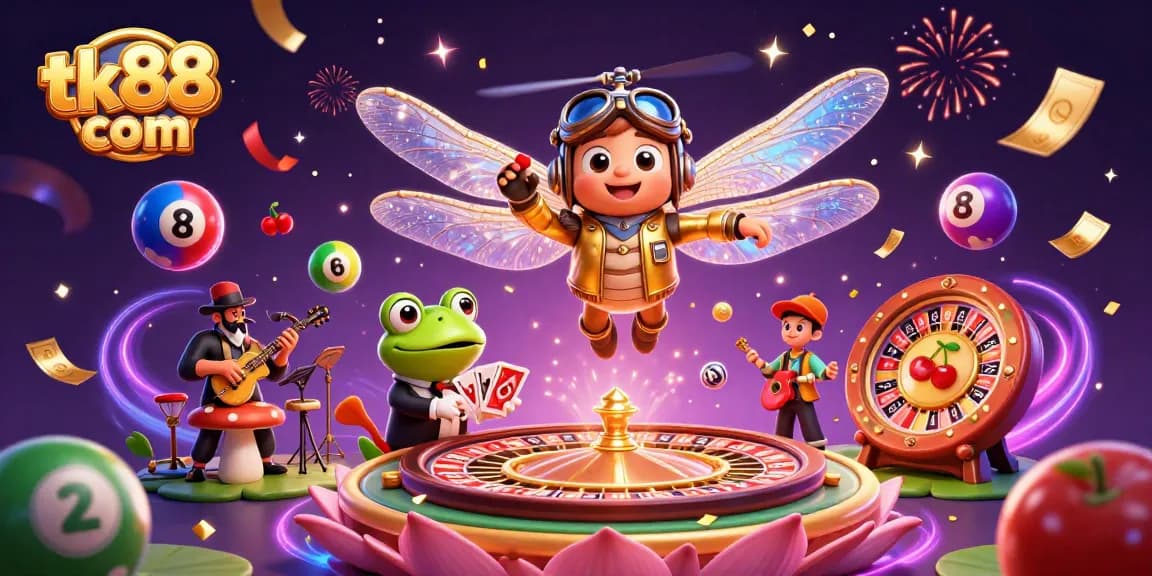 Spin and win at tk88 com's vibrant casino, featuring a lively frog croupier and dragonfly pilot.