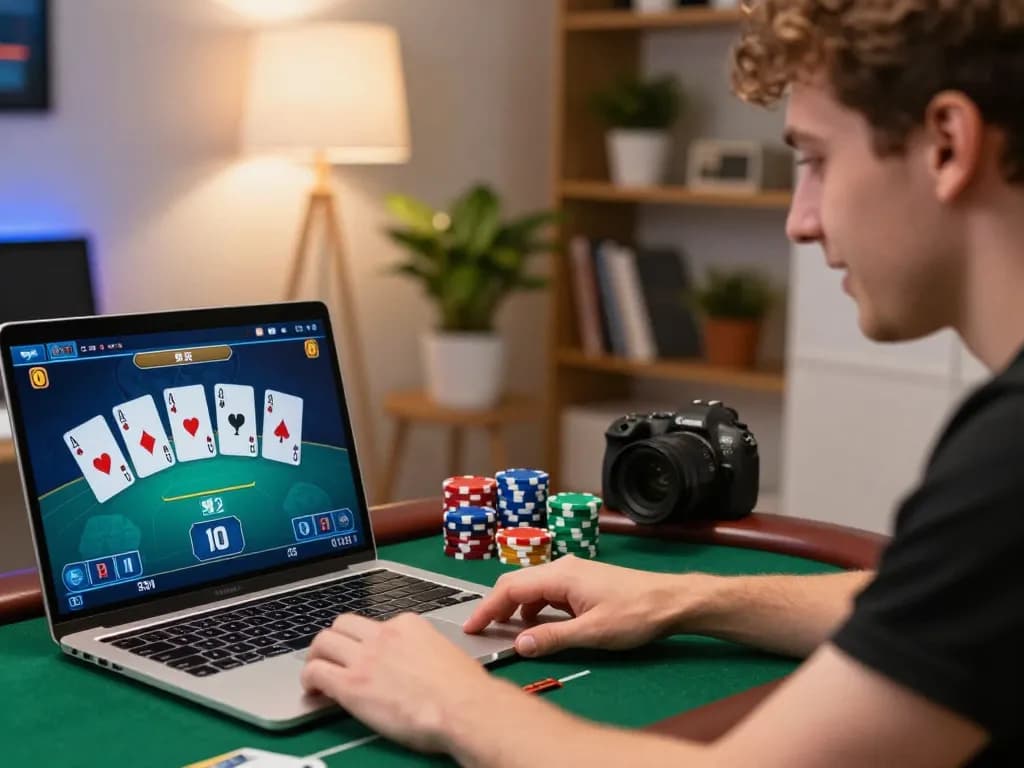 VIN88 player engaging in online poker with colorful chips and focused expression at home