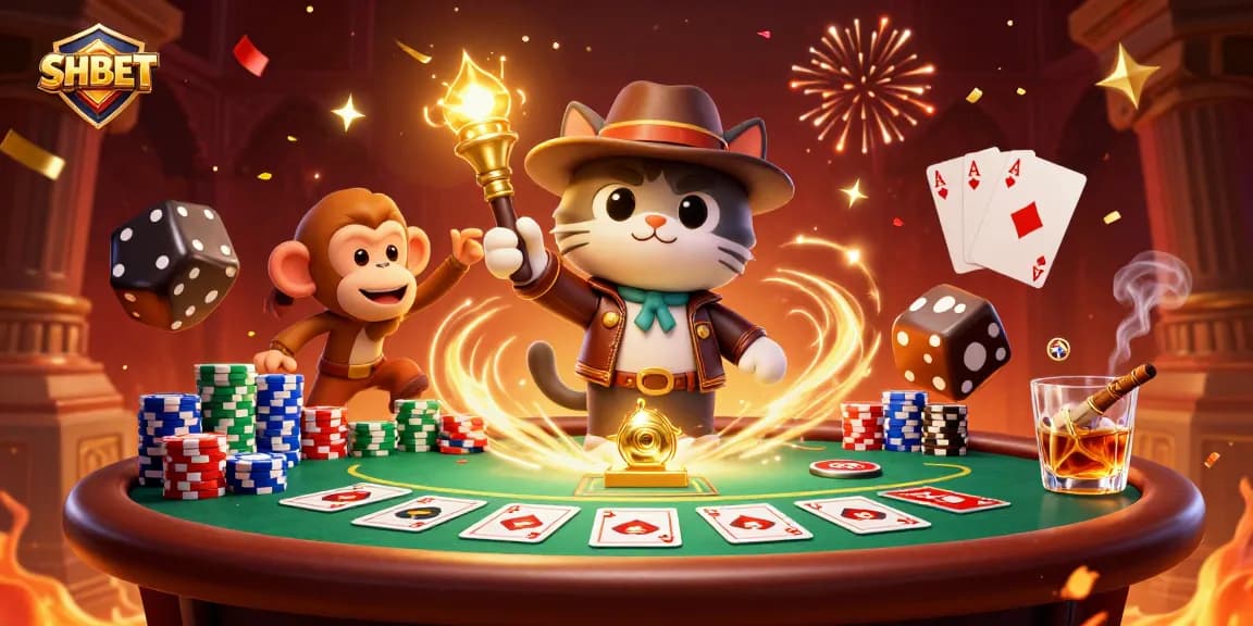 Experience SHBET excitement with a 3D explorer cat uncovering casino treasures in a vibrant, dynamic scene.