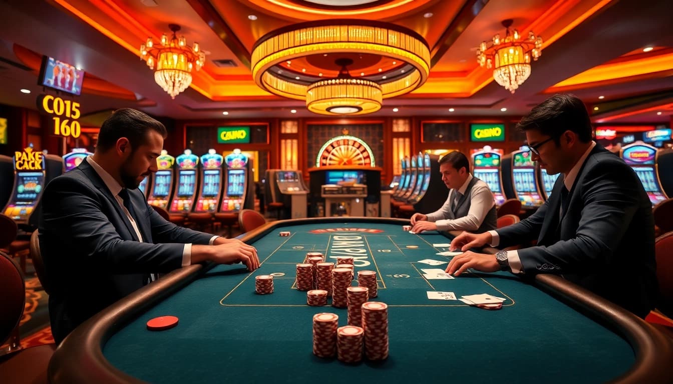 Experience thrilling gameplay at C168's luxurious casino with vibrant poker tables and elegant players.