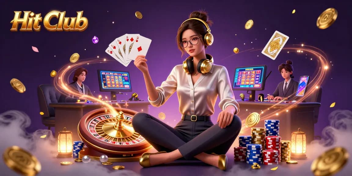 Engage with Hit Club’s thrilling casino world featuring gaming setups and vibrant elements.