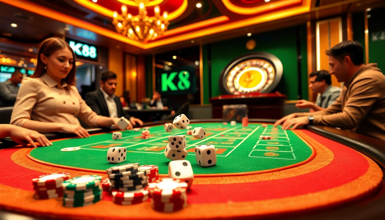 K88 casino excitement with players at a vibrant poker table surrounded by chips and cards.