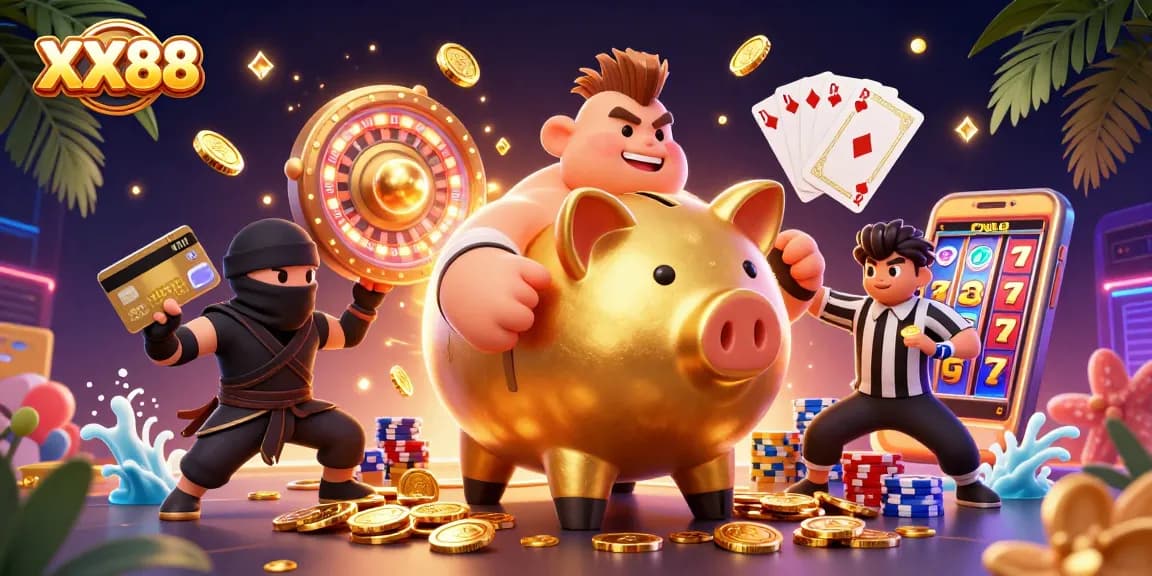 Experience the dynamic world of XX88 with a colossal piggy bank sumo wrestler along with vibrant casino elements and engaging action.