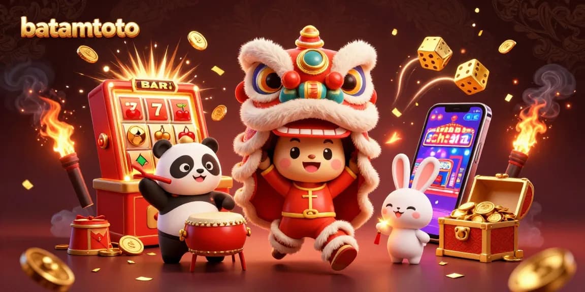 Join the fun at batamtoto with a lively scene of a lion dance, slots, and celebratory elements.