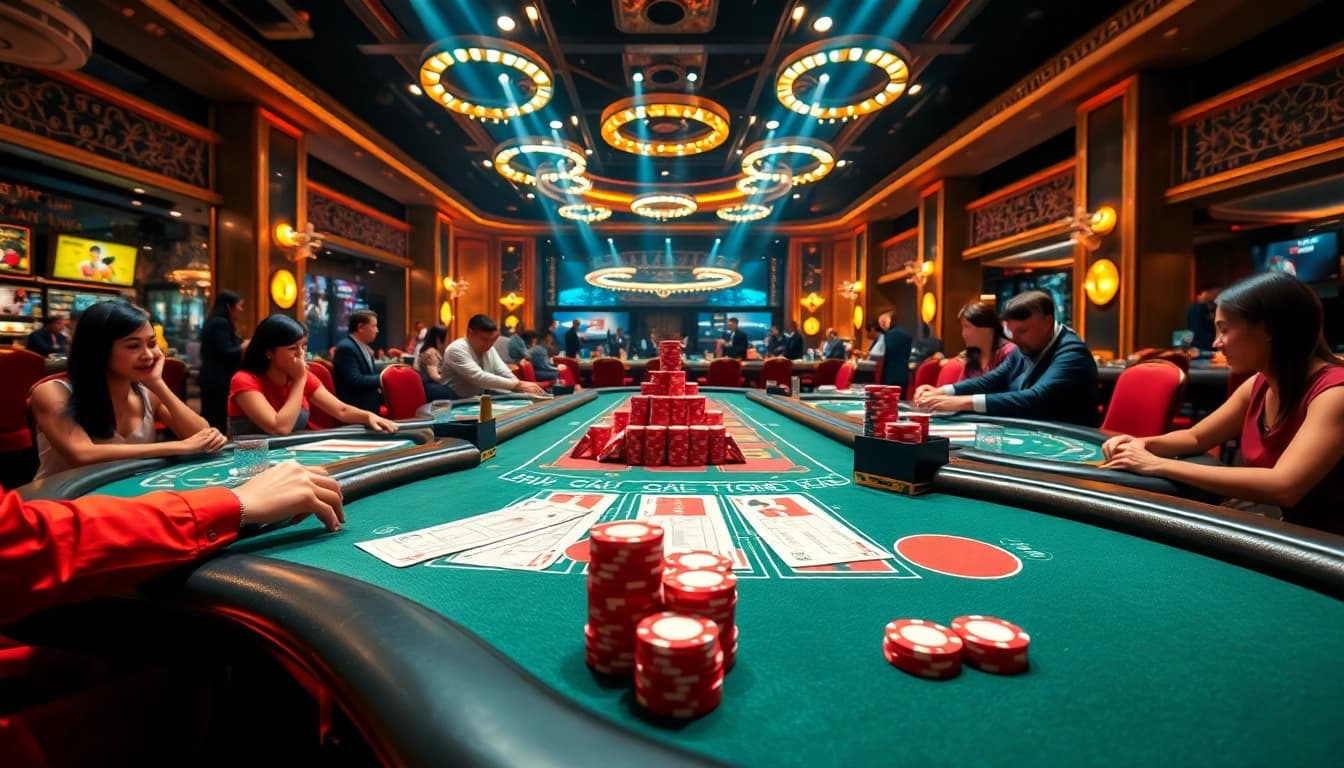 Experience the thrill of đá gà thomo in an elegant casino setting with vibrant gambling elements.