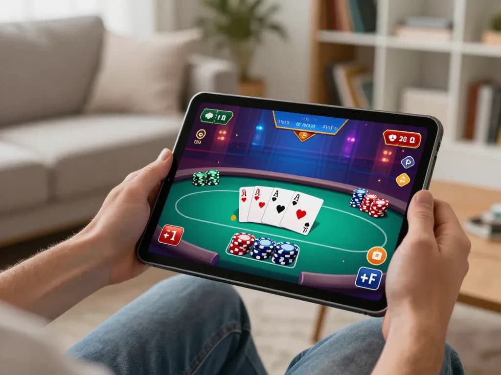 SUNWIN player engaging in live online poker game on a tablet at home.