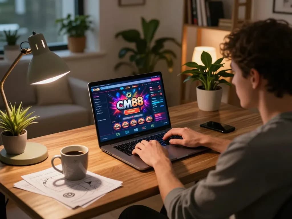 Engaged player enjoying online casino games on cm88 in a cozy home office setting.