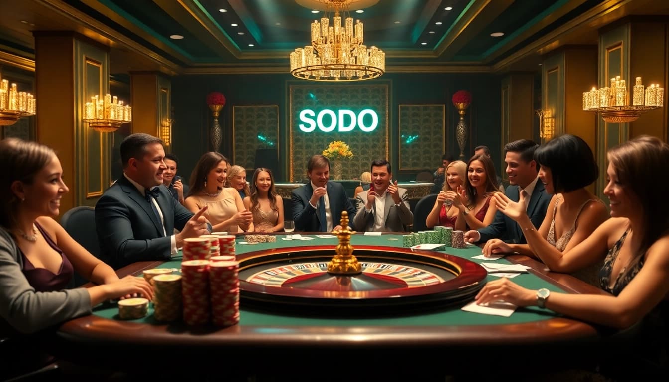 SODO casino players engage in a vibrant gaming scene with poker chips and cards.