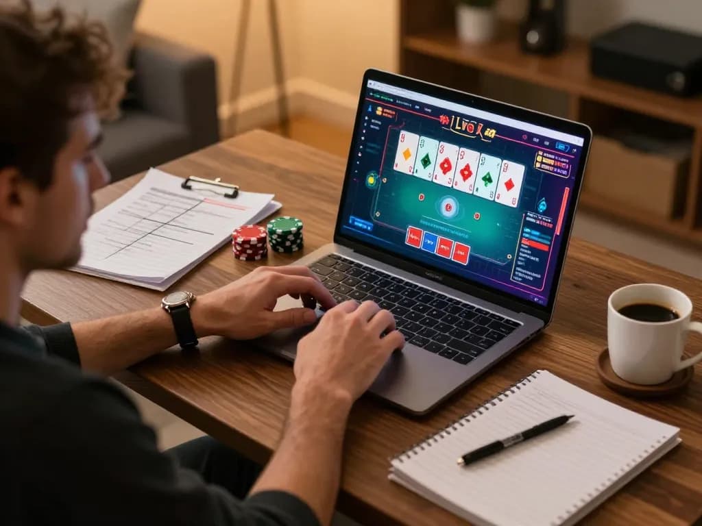 Player using tg88 online gaming platform on laptop for poker, with strategy notes visible