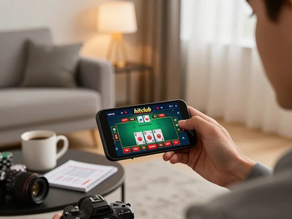 Player engaging with hitclub casino app on smartphone in stylish living room atmosphere.