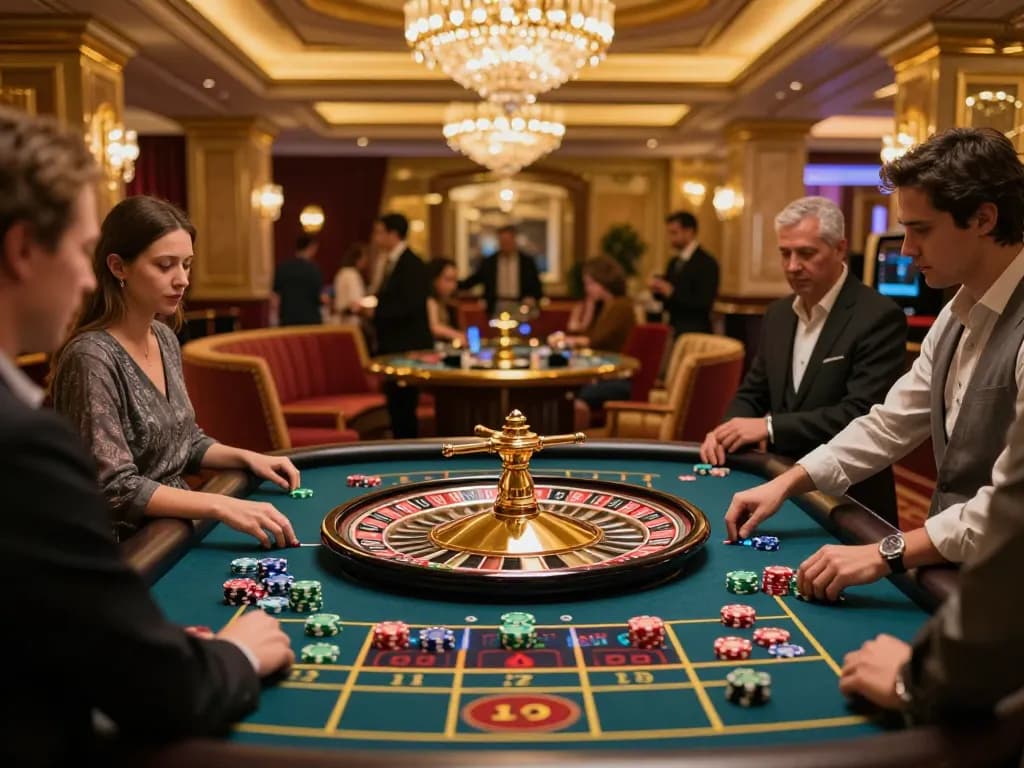 The nhà cái tg88 offers an exciting roulette experience with players engaged in gameplay amidst a luxurious casino backdrop