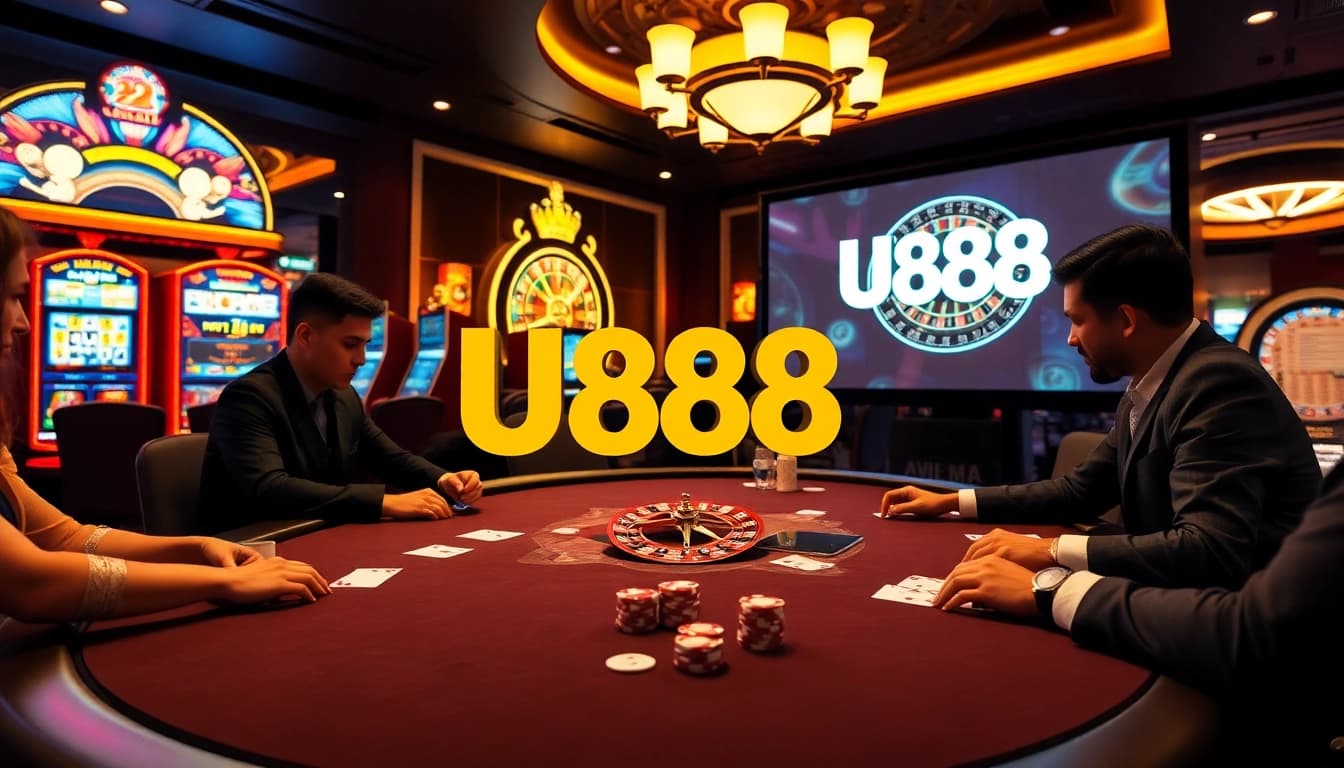 U888 logo shines at a high-stakes poker table in an elegant casino environment.