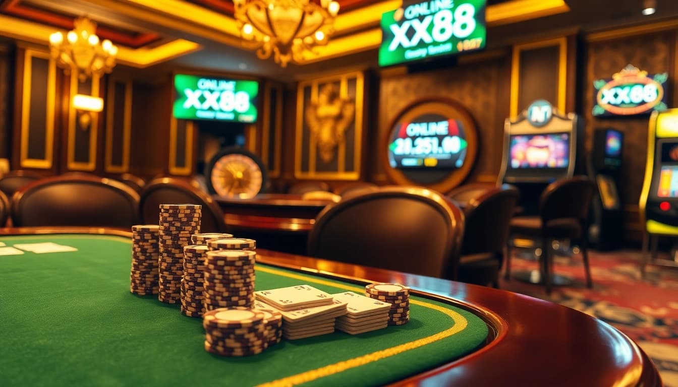 Experience thrilling gaming at link xx88 with vibrant casino tables, poker chips, and engaging gameplay.