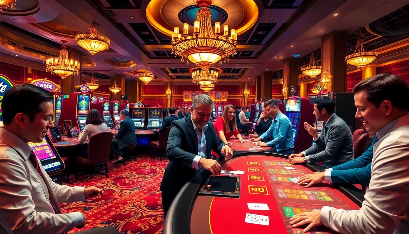 Experience the excitement of AT99娛樂城 with vibrant casino tables and lively patrons engaging in gaming.