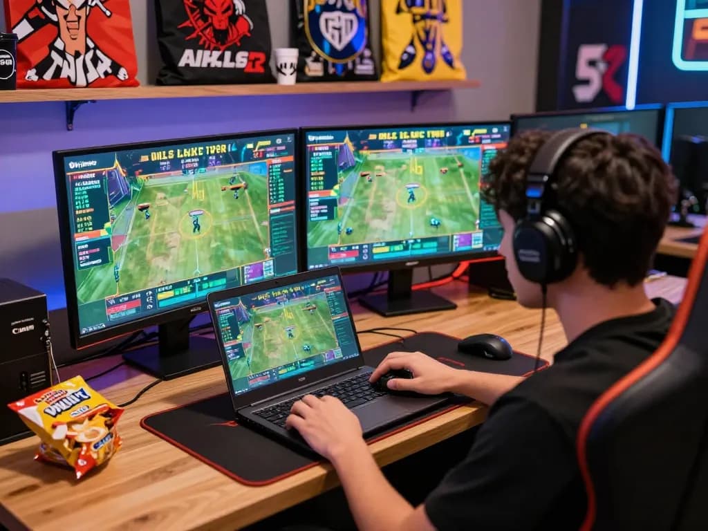 Engaging gamer on laptop exploring bl555's online betting platform with vibrant graphics in a lively environment.