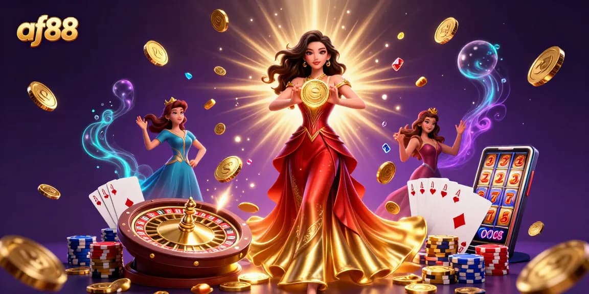 Engage in thrilling gameplay with af88, showcasing a stunning casino scene filled with a gorgeous woman holding a golden coin.