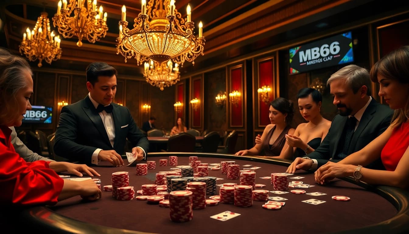 Players strategize at the MB66 poker table, capturing the excitement of high-stakes gambling.