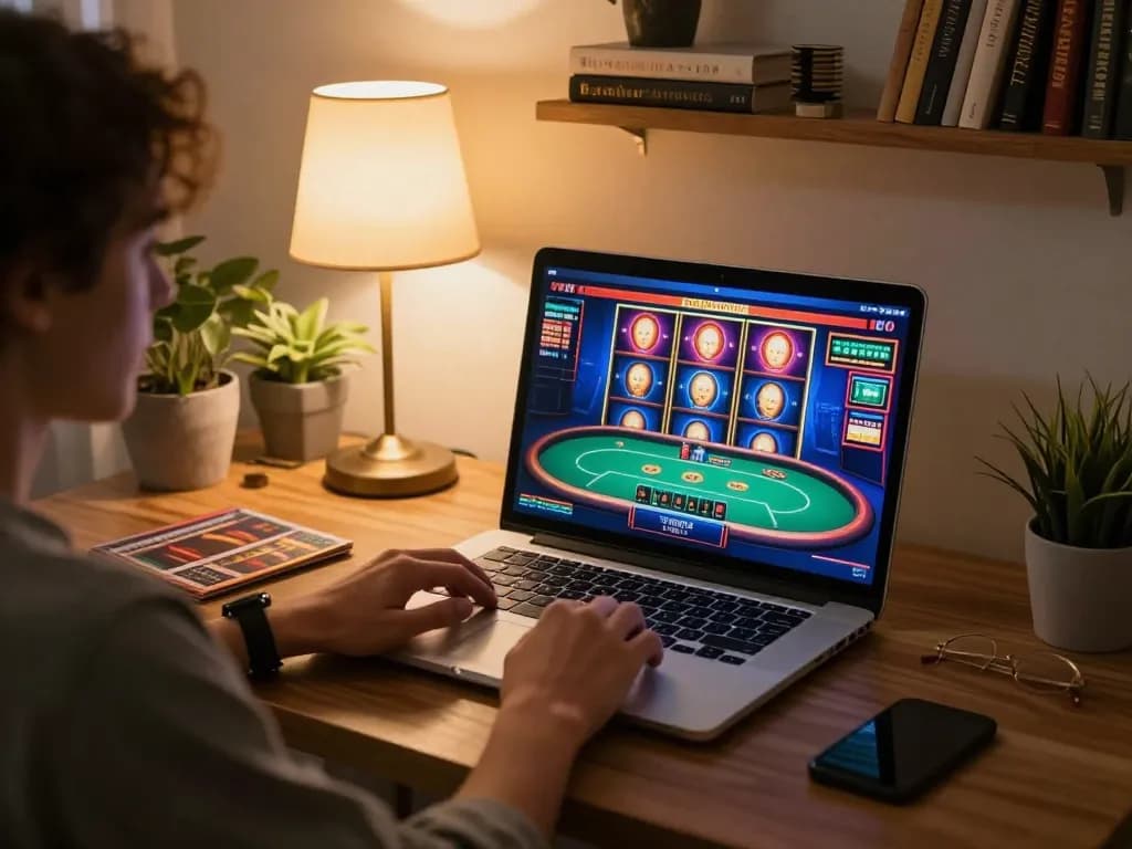 Engaging with ho88 online casino on a laptop in a cozy home setting, showcasing poker gameplay.