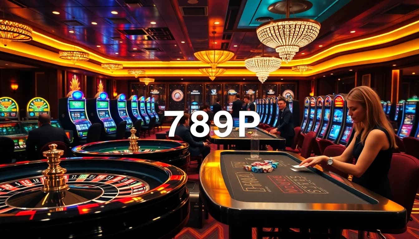 Players enjoying high-stakes games at 789P casino with vibrant roulette wheels and poker tables.