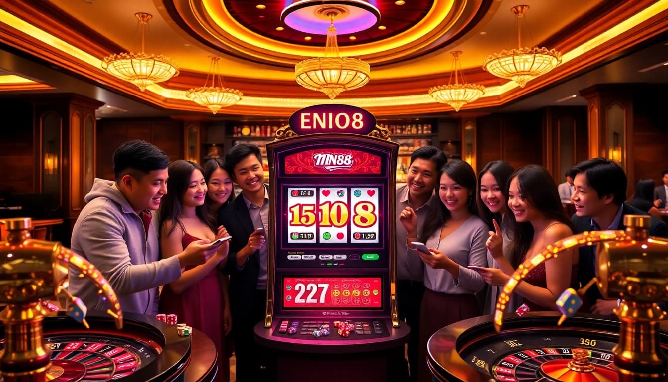 Experience the thrill of MN88 casino action with players enjoying slot machines and poker chips.