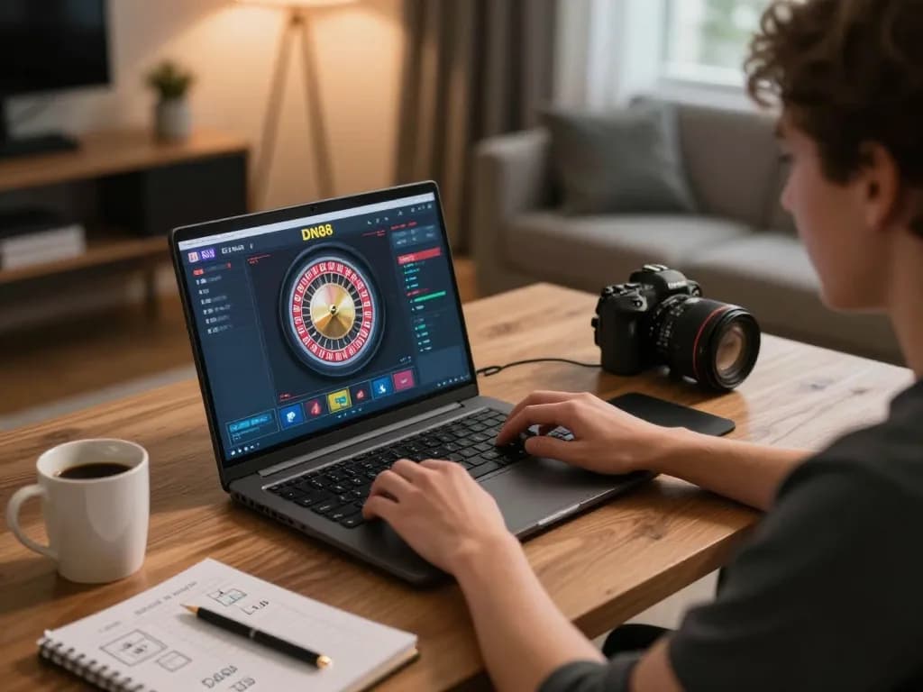 Engaging in DN88 online gaming session with roulette wheel on laptop, cozy home office atmosphere
