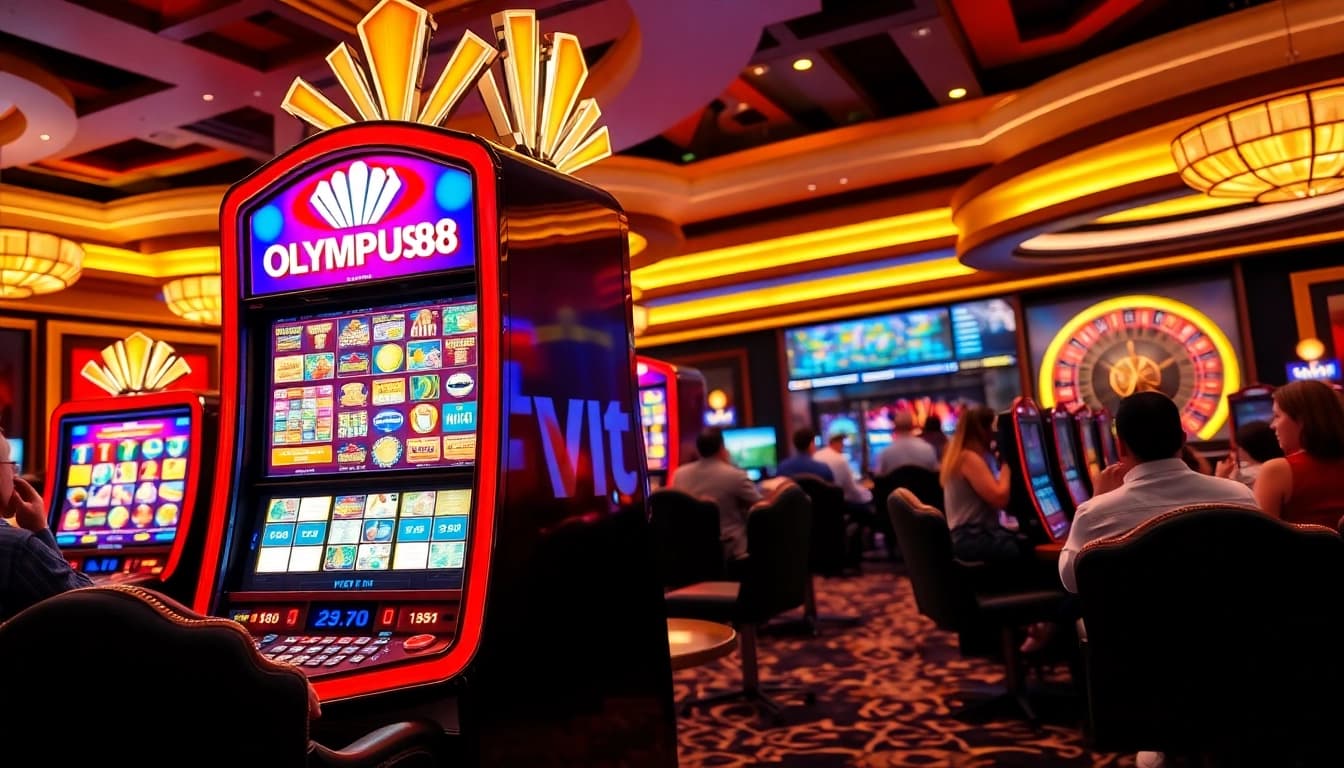 Players engaging with OLYMPUS88 slots in a vibrant casino setting, showcasing excitement and strategy.