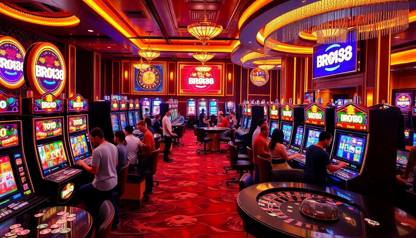 Experience thrill at BRO138's vibrant slot machines, poker tables, and roulette wheels in a luxurious casino.