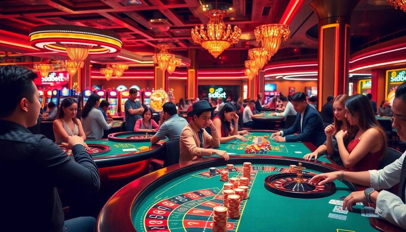 Exciting casino scene showcasing players immersed in games at 3Dbet, with vibrant tables and illuminated slot machines.
