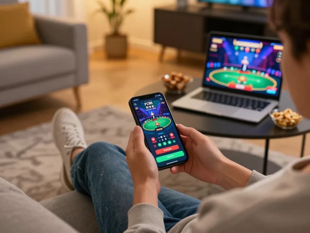 Player engaging in the FC88 casino app on smartphone in a cozy living room