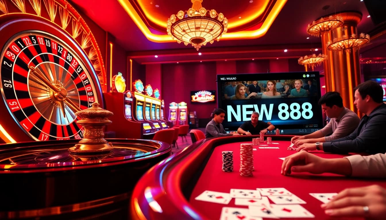 Experience high-stakes gambling at NEW88 with vibrant tables, poker chips, and an electrifying casino atmosphere.