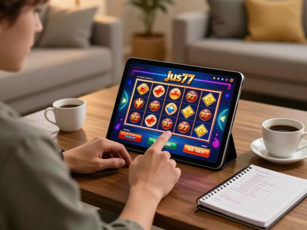 Engaged player spins the reels on jus77 slot machine with vibrant graphics.