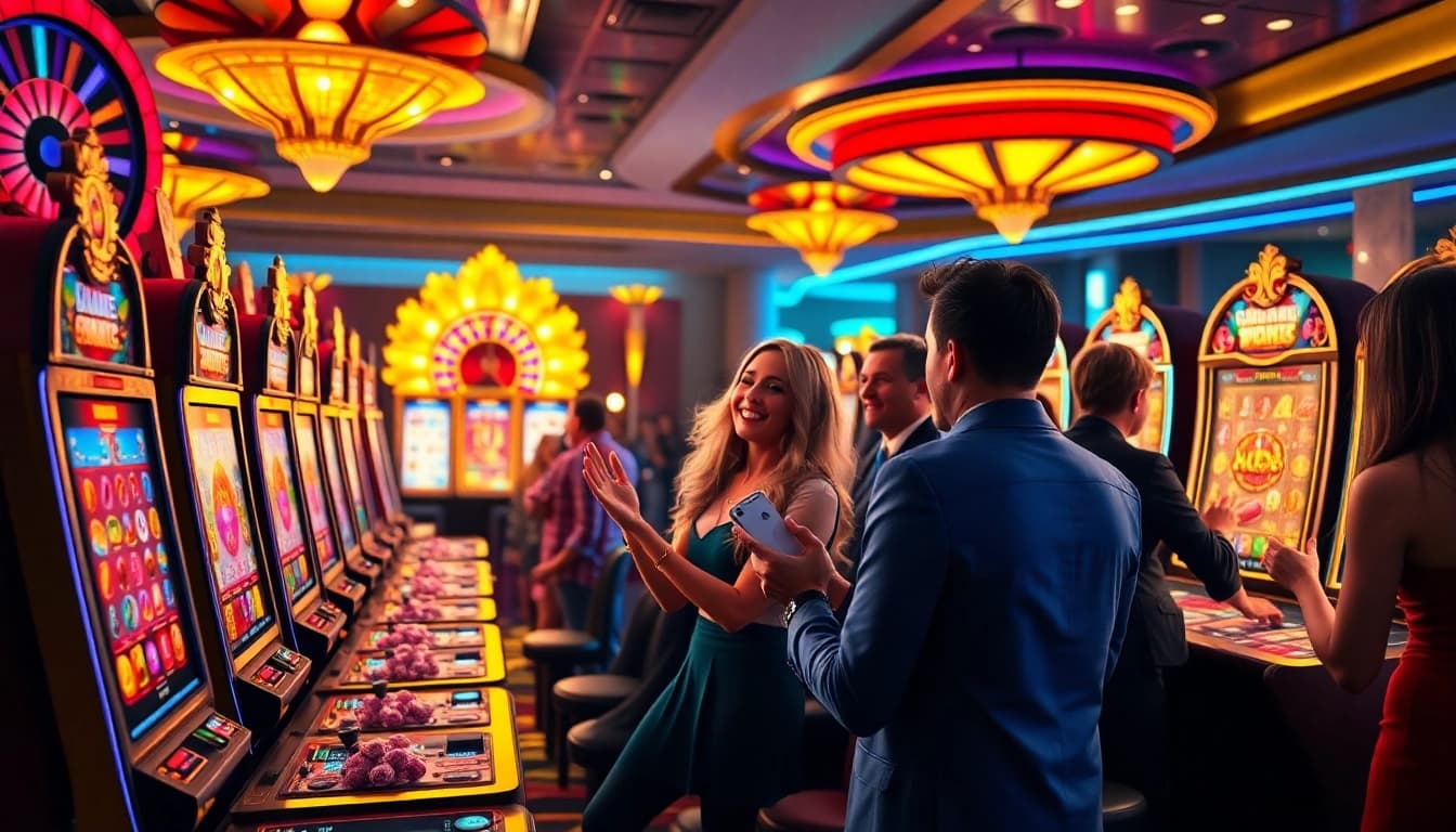 Engaging players enjoying vibrant PG Pocket Games Soft themed slots in an exciting casino environment.