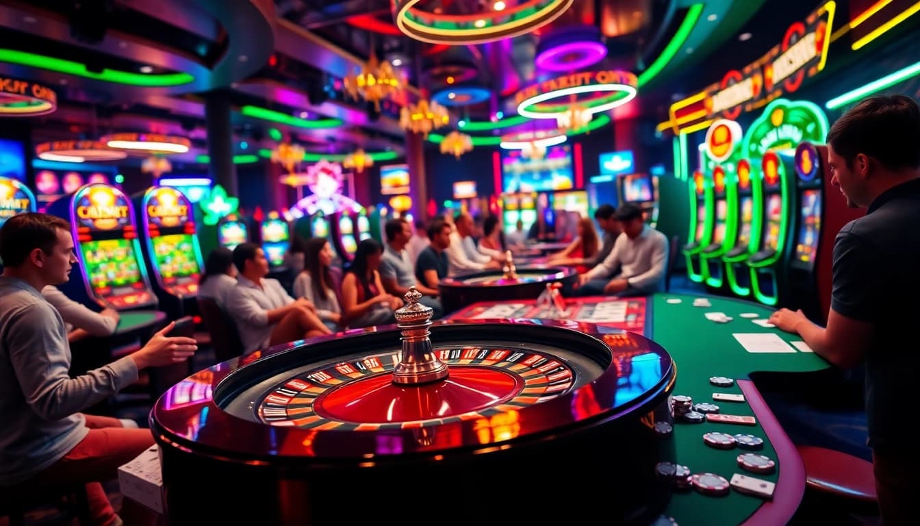 Experience the thrill of Online Casino with vibrant gaming tables and excited players at a roulette table.
