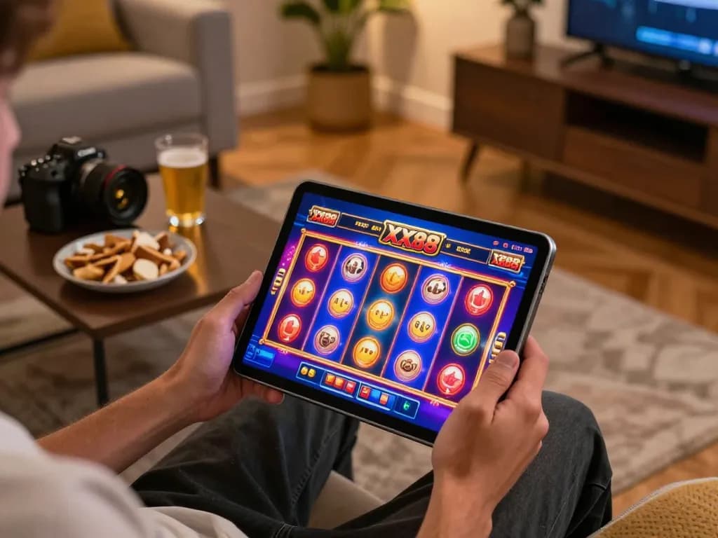 Player engaging with casino games on XX88 app from a cozy home setting, emphasizing excitement and strategic gameplay.