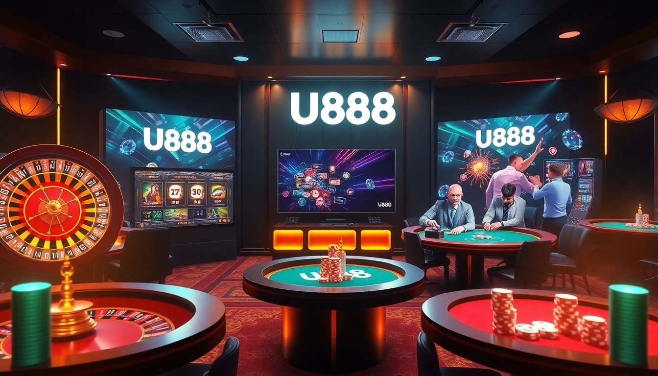 U888 players enjoying an exciting online gaming experience with vibrant casino elements.