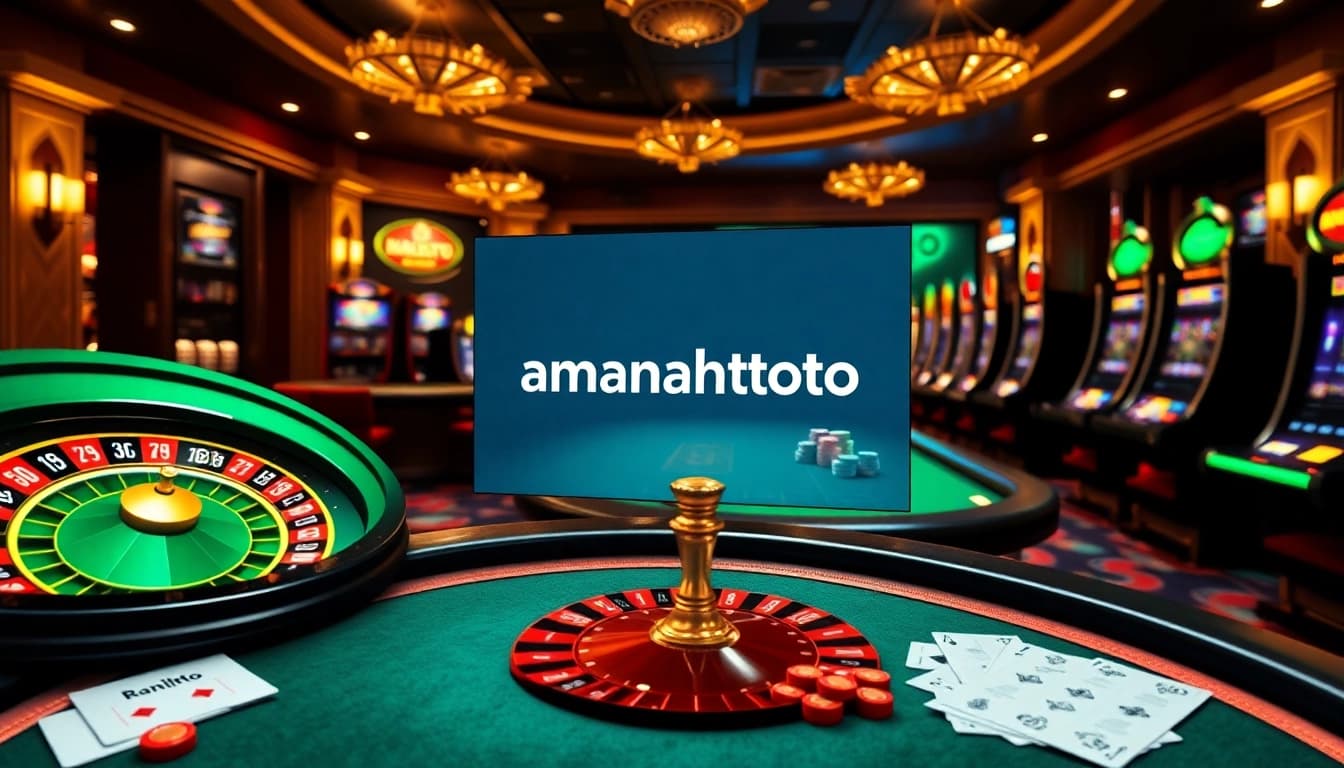 Experience the thrill of amanahtoto with vibrant casino visuals featuring roulette and slot machine action.