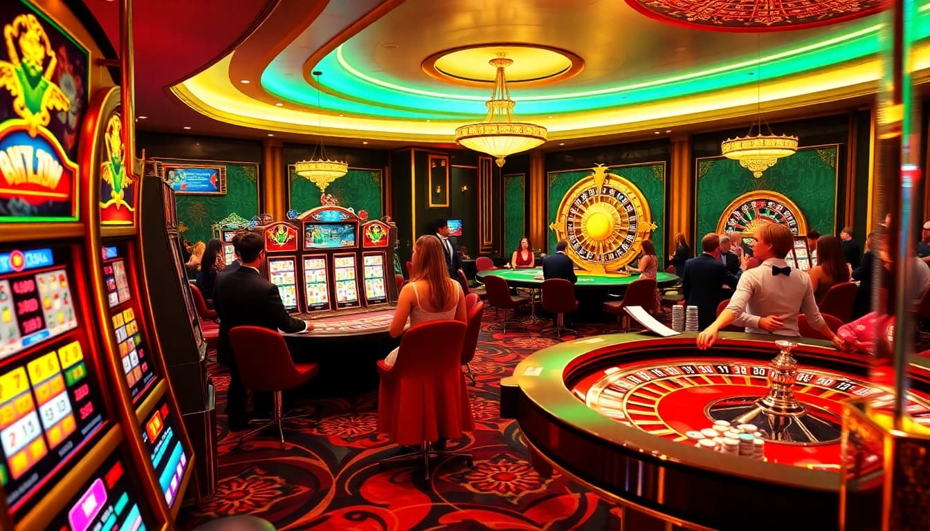 A lively PG SLOT gaming scene featuring colorful slot machines and excited players in a luxurious casino.